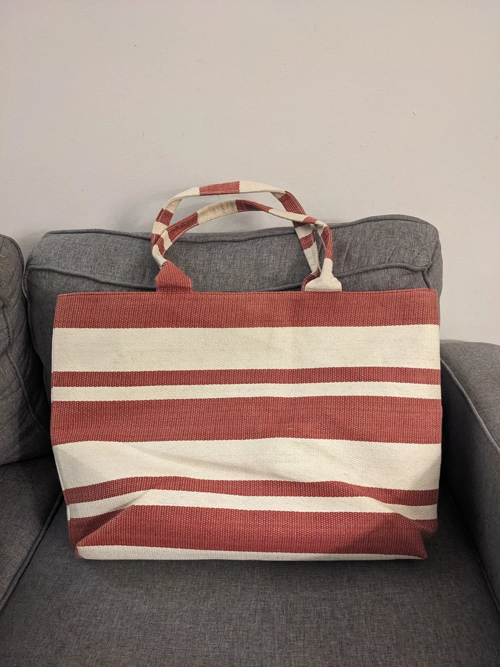 Striped Red and Cream Canvas Beach Bag | Striped Oversized Tote